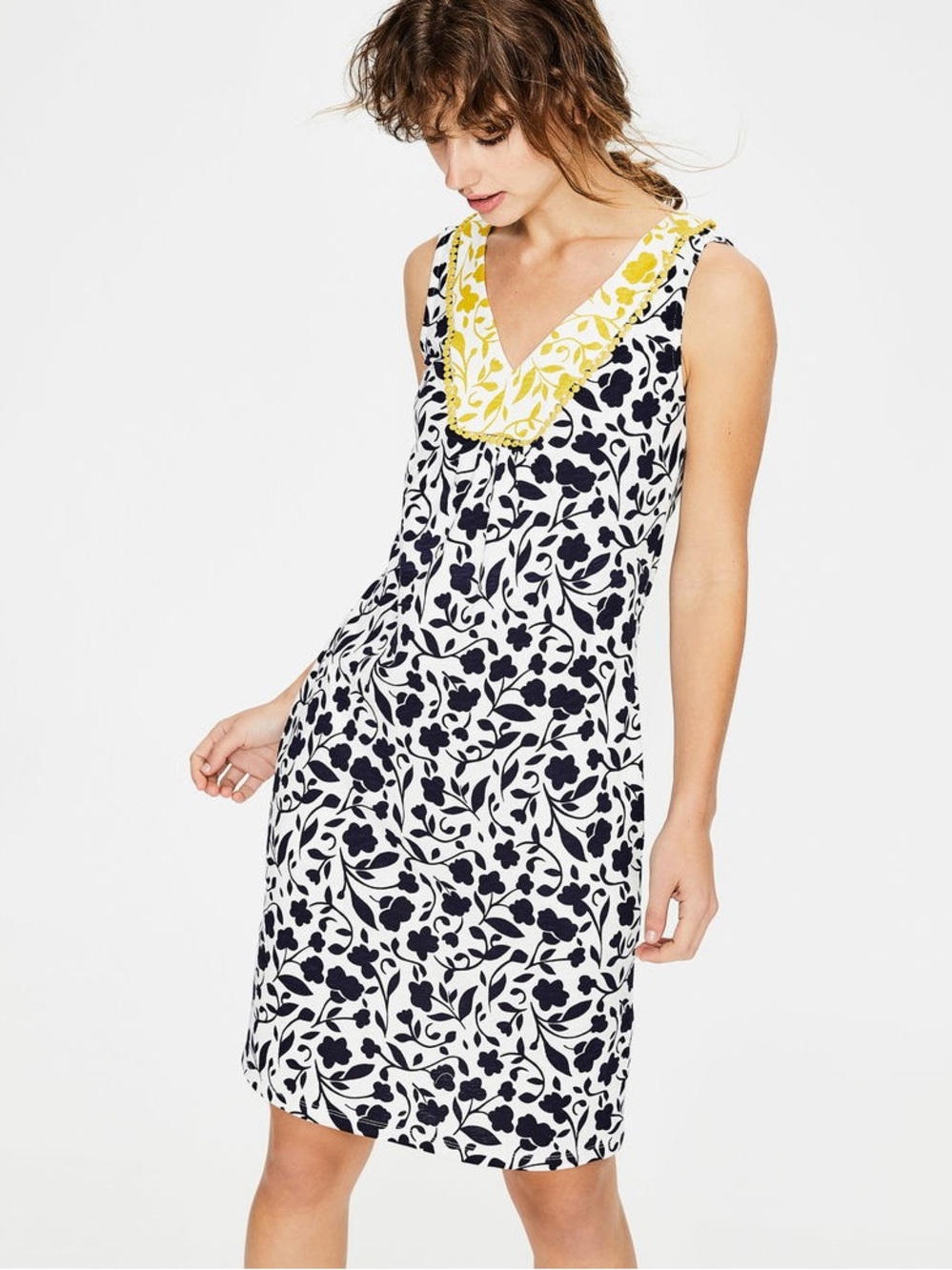 Boden Tarifa Jersey Dress with Navy Floral Print and Yellow Trim